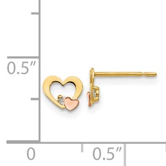 14K Two-Tone Gold Children's Heart Earrings with CZ Stones Polished Finish