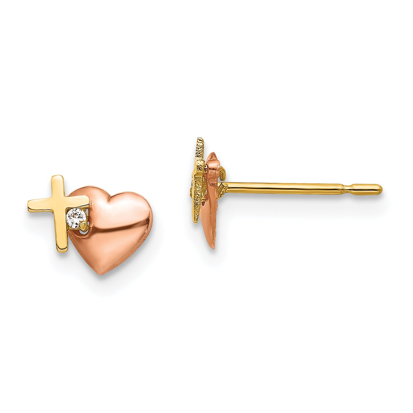14k Yellow & Rose Gold Madi K CZ Heart and Cross Post Earrings
