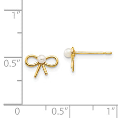 14K Gold Children's Pearl Bow Earrings with Polished Finish