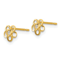 14K Gold Children's Flower Earrings with Cubic Zirconia Polished, Nickel-Free.
