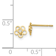 14K Gold Children's Flower Earrings with Cubic Zirconia Polished, Nickel-Free.