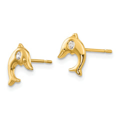 14K Gold CZ Dolphin Post Earrings for Girls Polished, Nickel-Free