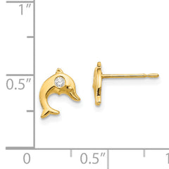 14K Gold CZ Dolphin Post Earrings for Girls Polished, Nickel-Free