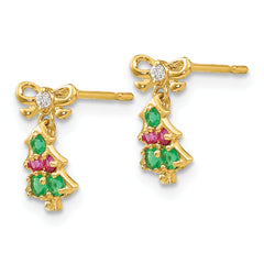 14K Gold Children's Christmas Tree Dangle Earrings with CZ Stones