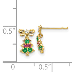 14K Gold Children's Christmas Tree Dangle Earrings with CZ Stones