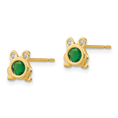 14K Gold CZ Frog Earrings for Girls Polished, Nickel-Free, Post Back