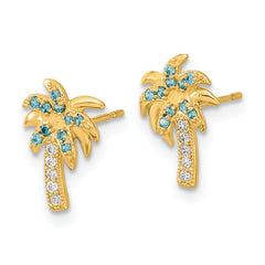 14K Gold Palm Tree Earrings with Blue & Clear CZ Stones Polished, Nickel-Free