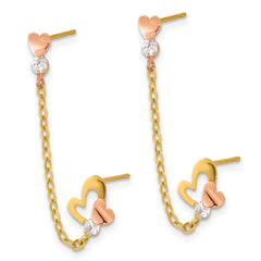 14K Two-Tone Gold Heart Drop Earrings with CZ Chain Detailing
