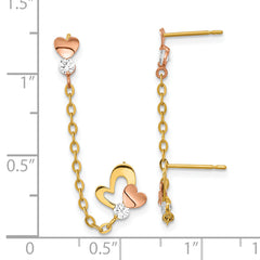 14K Two-Tone Gold Heart Drop Earrings with CZ Chain Detailing