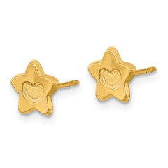 14K Gold Heart in Star Earrings, Satin & Polished Button Style