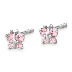 14K White Gold Pink CZ Butterfly Earrings with Polished Finish for Kids