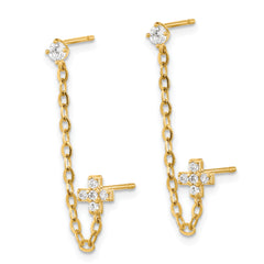 14K Gold Double Post Chain Earring with CZ Cross  Elegant Polished Finish