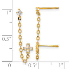 14K Gold Double Post Chain Earring with CZ Cross  Elegant Polished Finish