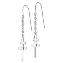 14K White Gold Cross Dangle Earrings with Polished Rhodium Finish