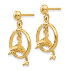 14K Gold Dolphin Hoop Dangle Earrings with Polished Finish
