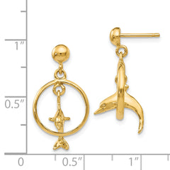 14K Gold Dolphin Hoop Dangle Earrings with Polished Finish