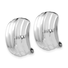 14K White Gold Ribbed Omega Back Earrings with Polished Finish for Non-Pierced Ears