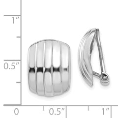 14K White Gold Ribbed Omega Back Earrings with Polished Finish for Non-Pierced Ears