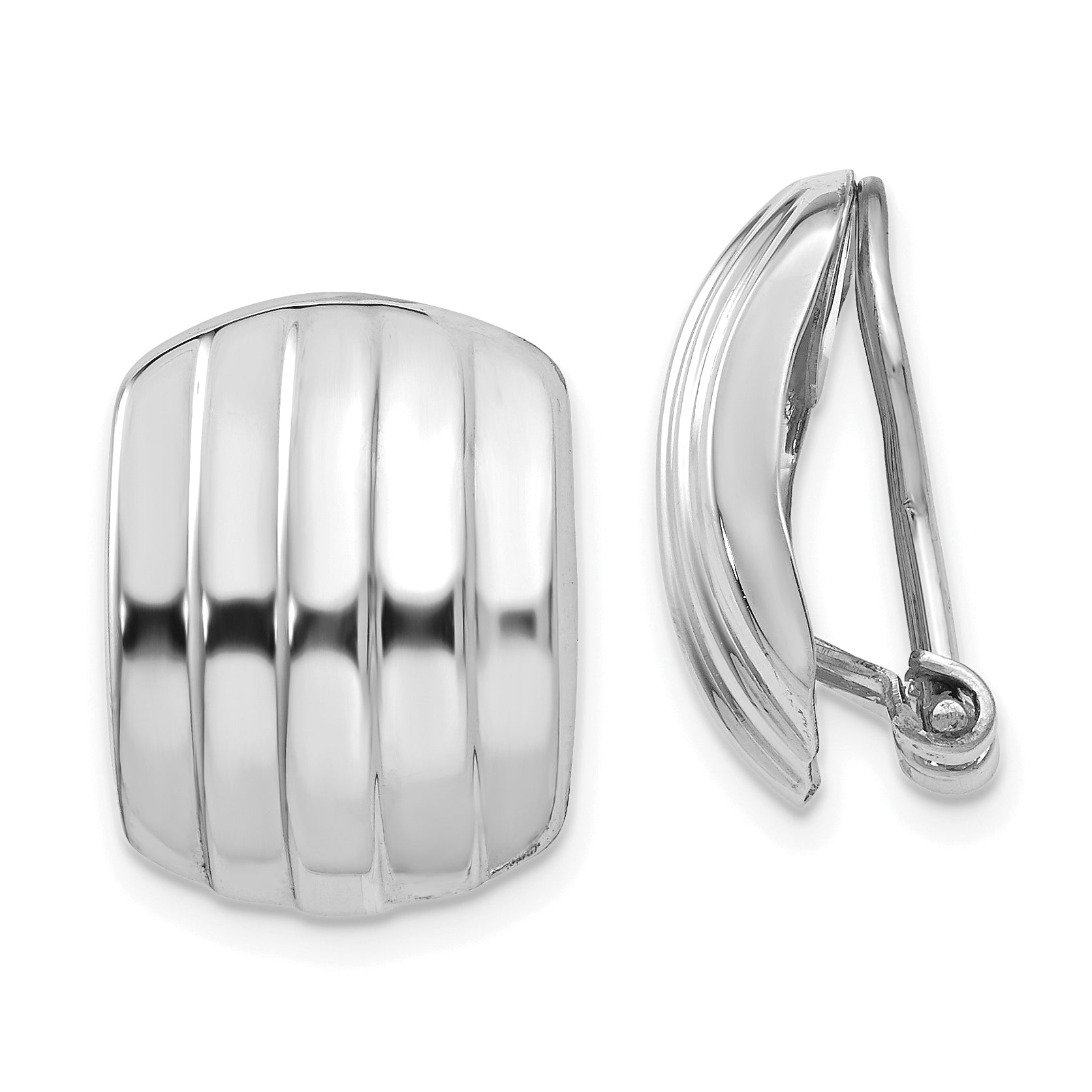 14k White Gold Polished Ribbed Non-pierced Omega Back Earrings