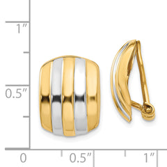 14K Gold & Rhodium Ribbed Non-Pierced Omega Back Earrings Polished Finish