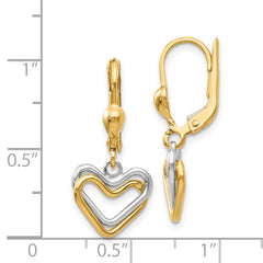14K Two-Tone Gold Heart Dangle Earrings with Polished Leverback Design