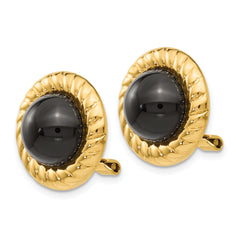 14K Gold Onyx Button Earrings for Women Non-Pierced, Polished Finish