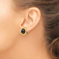 14K Gold Onyx Button Earrings for Women Non-Pierced, Polished Finish