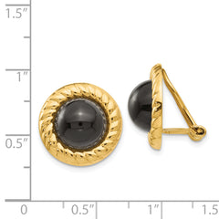 14K Gold Onyx Button Earrings for Women Non-Pierced, Polished Finish