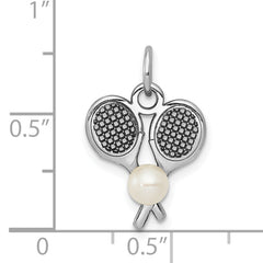 14K White Gold Tennis Racquet Pendant with Cultured Pearl Charm Polished & Elegant