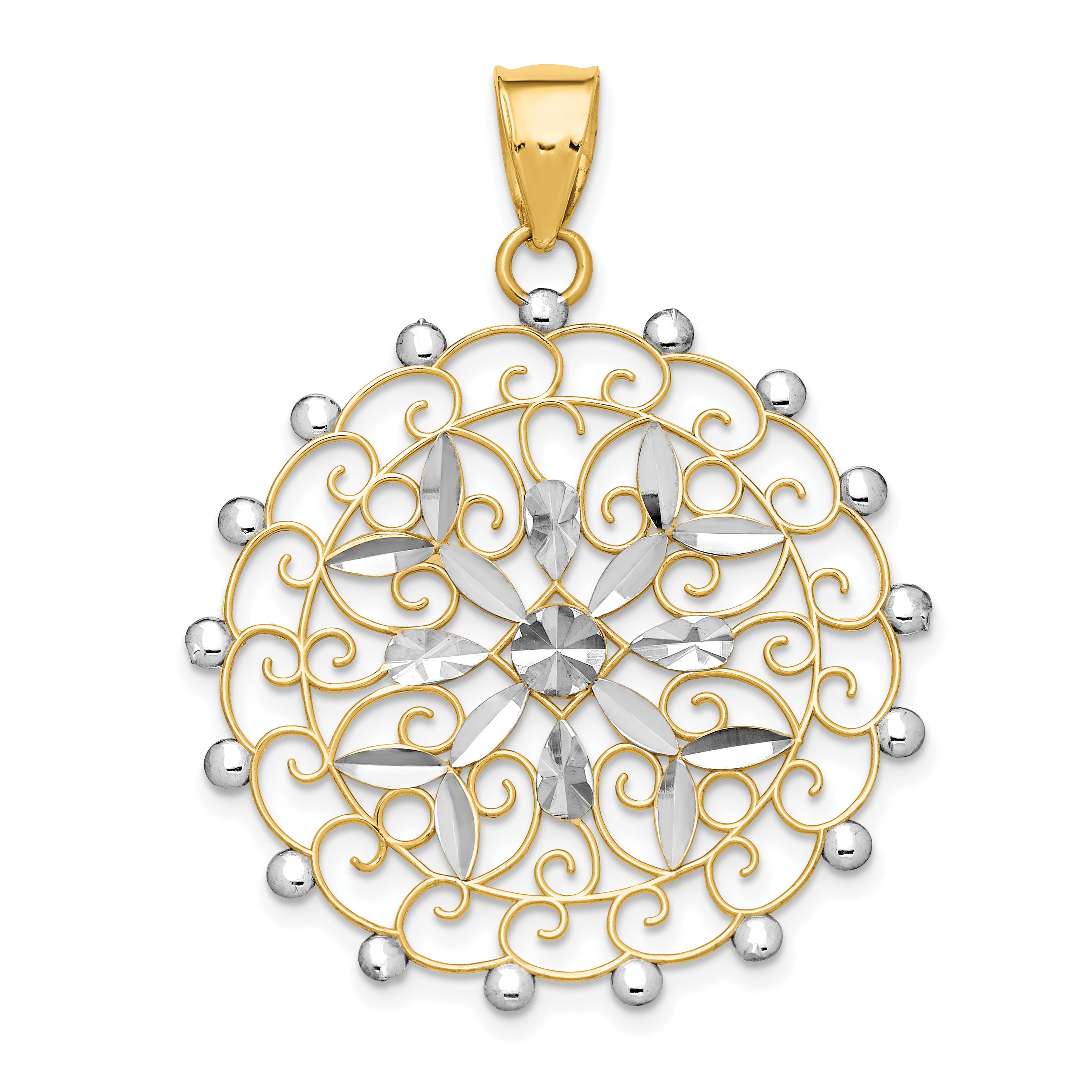 14k White Rhodium Diamond-cut Filigree Pendant