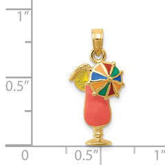14K Gold Pink Enameled Tropical Drink Pendant, Polished & Multi-Colored
