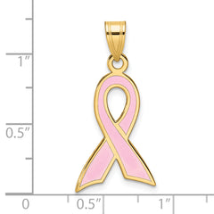 14K Gold Pink Enameled Awareness Ribbon Pendant Polished, Solid Design