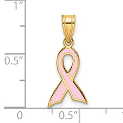 14K Gold Pink Enameled Awareness Ribbon Pendant Polished & Solid