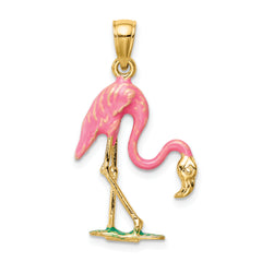 14K Gold Enameled 3D Pink Flamingo Pendant Polished Finish