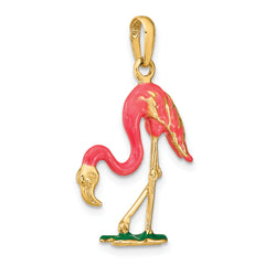 14K Gold Enameled 3D Pink Flamingo Pendant Polished Finish