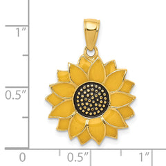 14K Gold Enameled Sunflower Pendant with Textured Back Elegant Charm