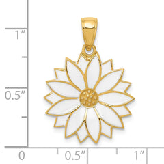 14K Gold Enameled White Daisy Flower Pendant Elegant Textured Design