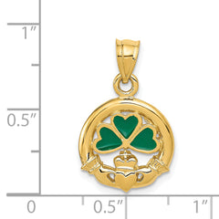 14K Gold Enameled Claddagh Charm with Polished Finish and Green Accent