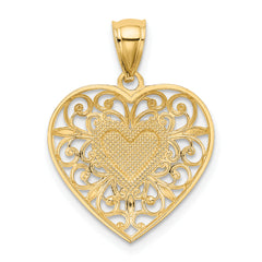 14K Gold and White Rhodium Filigree Heart Pendant, Polished Diamond-Cut Elegant Design