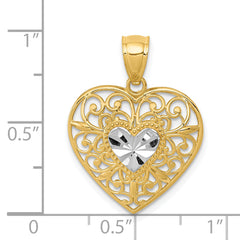 14K Gold and White Rhodium Filigree Heart Pendant, Polished Diamond-Cut Elegant Design