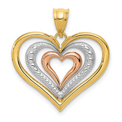 14K Two-Tone Gold Triple Hearts Charm with Textured White Rhodium Finish
