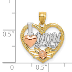 14K Two-Tone Gold Heart Pendant with White Rhodium I Love You Design