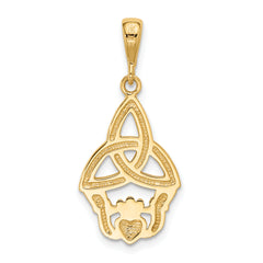 14K Gold Rhodium Plated Diamond-Cut Claddagh Pendant Elegant Polished Finish