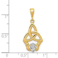 14K Gold Rhodium Plated Diamond-Cut Claddagh Pendant Elegant Polished Finish