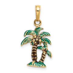14K Gold 3D Enamel Palm Trees Pendant with Green and Brown Accents