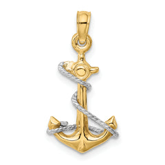 14K Two-Tone 3D Anchor Pendant with Rope for Men Solid Gold