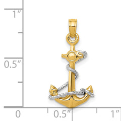 14K Two-Tone 3D Anchor Pendant with Rope for Men Solid Gold