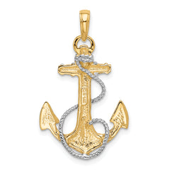 14K Gold & Rhodium Anchor Pendant with Rope Detail for Men