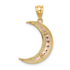 14K Two-Tone Gold Moon Pendant with White Rhodium Diamond-Cut Design