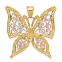 14K Two-Tone Gold Butterfly Pendant with White Rhodium Diamond-Cut Finish